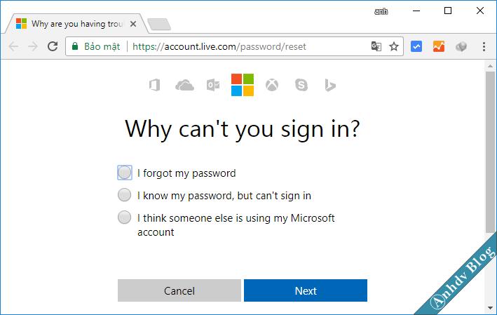 Reset mật khẩu Windows cho tài khoản Live Microsoft